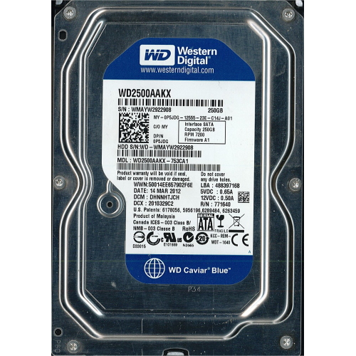 Hard-Disk 3.5" HDD SATA 250GB WDC WD2500AAKX-753CA1 (sn WMAYW2922908)