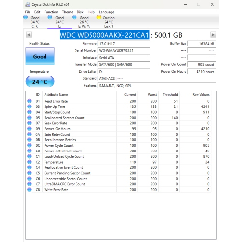 Hard-Disk 3.5" HDD SATA 500GB WD WD5000AAKX-221CA1 (sn WMAYUD979221) 