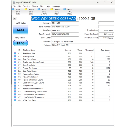 Hard-Disk 3.5" HDD SATA 1000GB 1.0TB WD WD10EZEX-00BBHA0 (sn WCC6Y2UHAX07)
