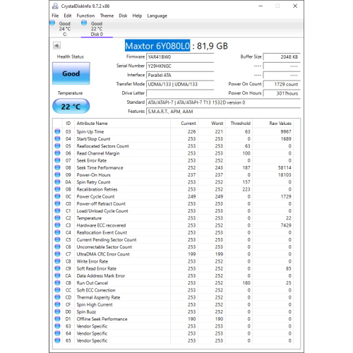 Hard-Disk 3.5" HDD PATA 80GB Maxtor DiamondMax Plus 9 6Y080L0 (sn Y29HKNGC) 