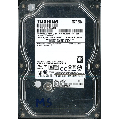 Hard-Disk 3.5" HDD SATA 500GB Toshiba DT01ACA050 (sn 54LR7E3AS) 