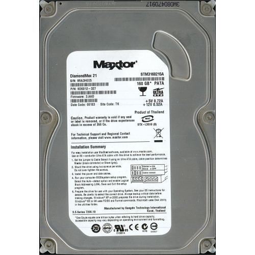 Hard-Disk 3.5" HDD PATA 160GB Maxtor DiamondMax 21 STM3160215A (sn 9RA3HEE5) 