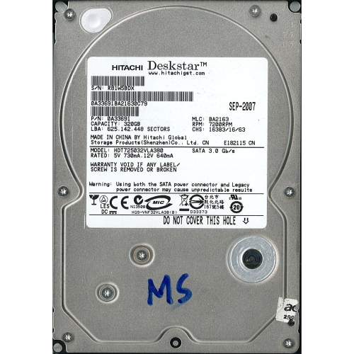 Hard-Disk 3.5" HDD SATA 320GB Hitachi Deskstar HDT725032VLA380 (sn R81W5BDX) 
