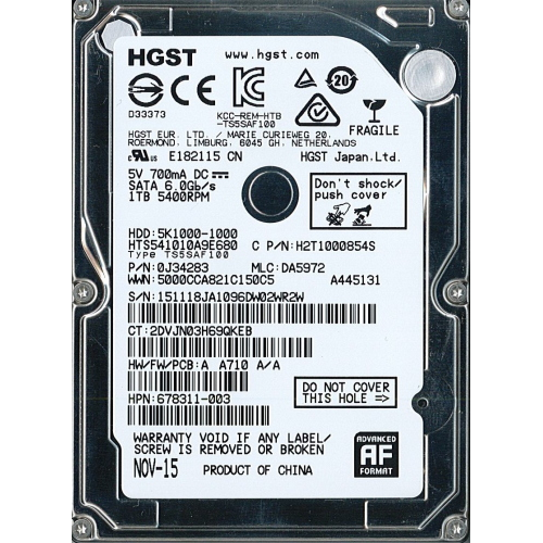 Hard-Disk 2.5" HDD SATA 1.0 TB 1000GB Hitachi HGST HTS541010A9E680 (sn JA1096DW02WR2W) 