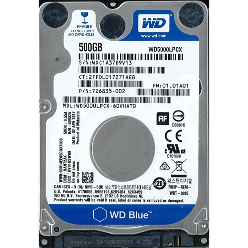 Hard-Disk 2.5" HDD SATA 500GB WD Blue WD5000LPCX-60VHAT0 (sn WXC1A37D9V13) 