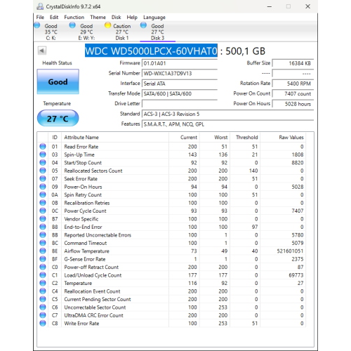 Hard-Disk 2.5" HDD SATA 500GB WD Blue WD5000LPCX-60VHAT0 (sn WXC1A37D9V13) 