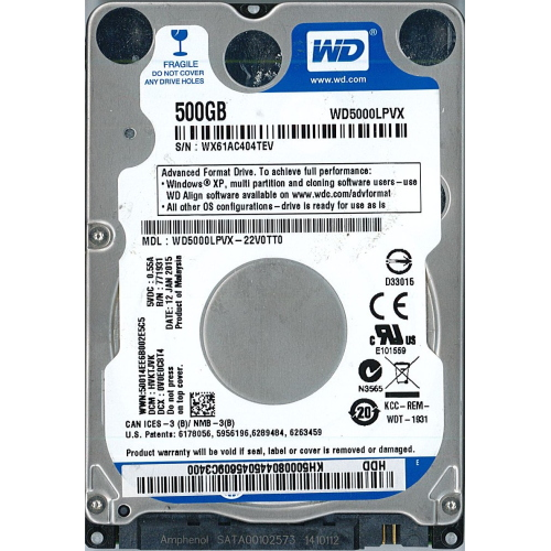 Hard-Disk 2.5" HDD SATA 500GB WD BLUE WD5000LPVX-22V0TT0 (sn WX61AC404TEV)