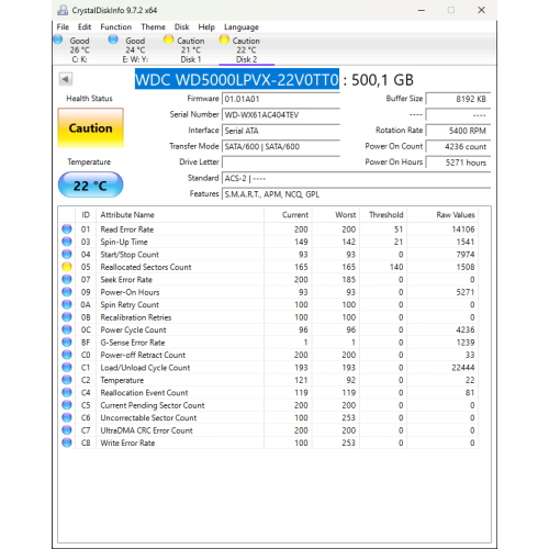 Hard-Disk 2.5" HDD SATA 500GB WD BLUE WD5000LPVX-22V0TT0 (sn WX61AC404TEV)