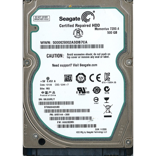 Hard-Disk 2.5" HDD SATA 500GB Seagate Momentus ST9500420AS (sn 5VJ20RLY) 