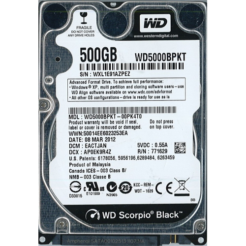 Hard-Disk 2.5" HDD SATA 500GB WD Scorpio BK WD5000BPKT-00PK4T0 (sn WXL1E91AZPEZ) 