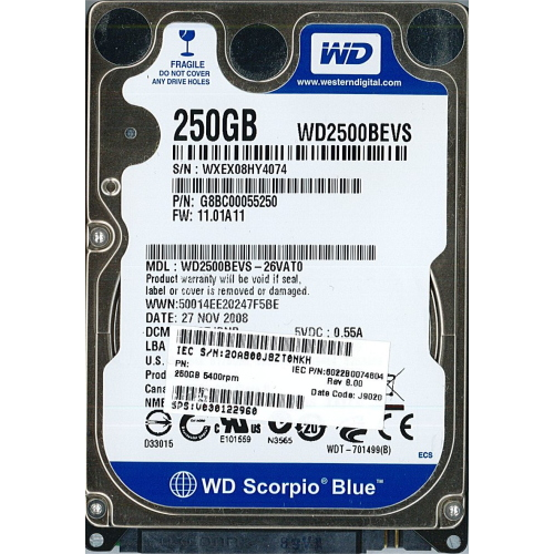 Hard-Disk 2.5" HDD SATA 250GB WD Blue WD2500BEVS-26VAT0 (sn WXEX08HY4074) 