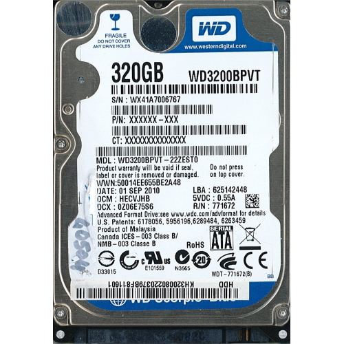 Hard-Disk 2.5" HDD SATA 320GB WD Blue WD3200BPVT-22ZEST0 (sn WX41A7006767) 