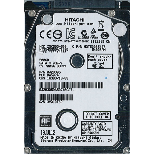 Hard-Disk 2.5" HDD SATA 500GB Hitachi HTS545050A7E380 (sn TAB51A3V0L0TSP) 