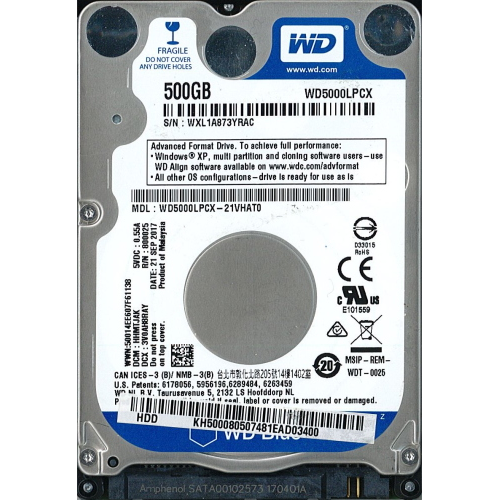 Hard-Disk 2.5" HDD SATA 500GB WD BLUE WD5000LPCX-21VHAT0 (sn WXL1A873YRAC)
