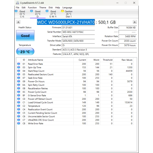 Hard-Disk 2.5" HDD SATA 500GB WD BLUE WD5000LPCX-21VHAT0 (sn WXL1A873YRAC)