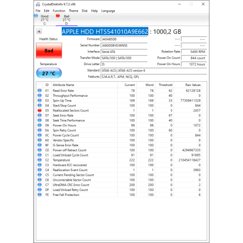 Hard-Disk 2.5" HDD SATA 770GB Hitachi (APPLE HDD) HTS541010A9E662 (sn JA8000BV0JWNSS)