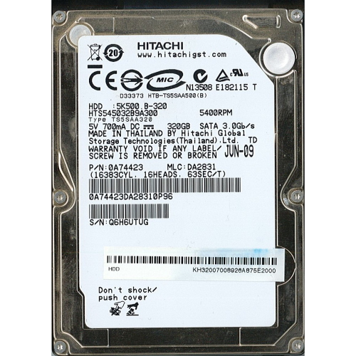 Hard-Disk 2.5" HDD SATA 320GB Hitachi HTS545032B9A300 (sn 090607PB5306Q6H6UTUG) 