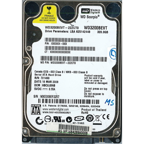 Hard-Disk 2.5" HDD SATA 320GB WD SCORPIO WD3200BEVT-22ZCT0 (sn WXE308EF2257)