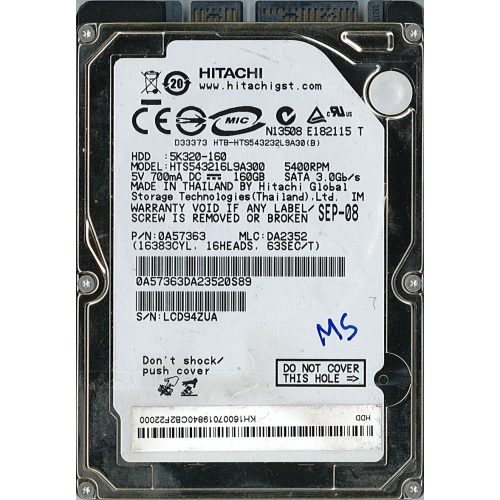 Hard-Disk 2.5" HDD SATA 160GB Hitachi HTS543216L9A300 (sn 080911FB2200LCD94ZUA)