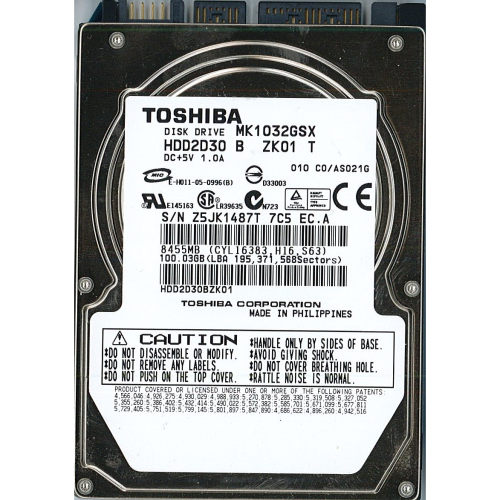 Hard-Disk 2.5" HDD SATA 100GB Toshiba MK1032GSX (sn Z5JK1487T)
