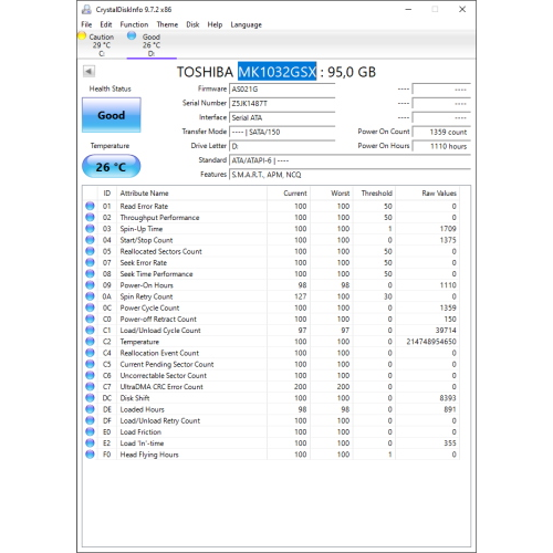 Hard-Disk 2.5" HDD SATA 100GB Toshiba MK1032GSX (sn Z5JK1487T)