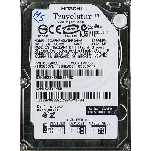 Hard-Disk 2.5" HDD PATA 40GB Hitachi IC25N040ATMR04-0 (sn MRG208K2JYJH8H)