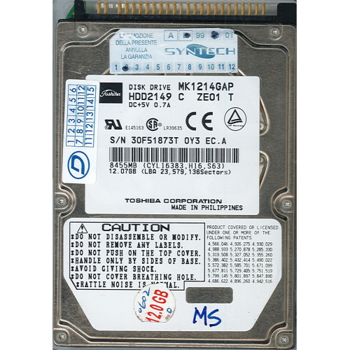 Hard-Disk 2.5" HDD PATA IDE 12GB Toshiba MK1214GAP (sn 30F51873T) 