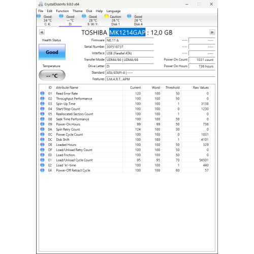 Hard-Disk 2.5" HDD PATA IDE 12GB Toshiba MK1214GAP (sn 30F51873T) 