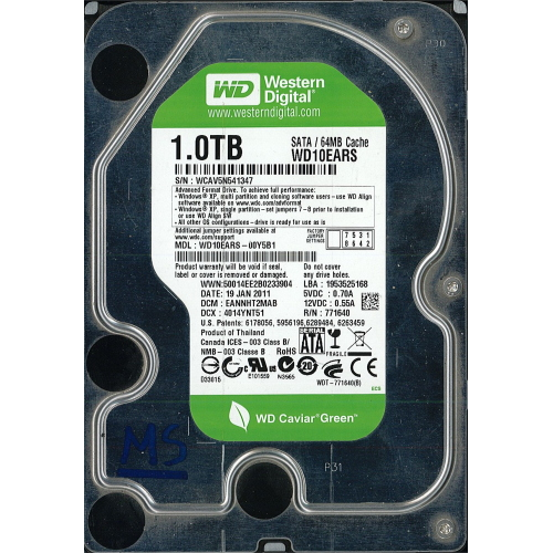 Hard-Disk 3.5" HDD SATA 1.0TB  WDC WD10EARS-00Y5B1 (sn WCAV5N541347) 