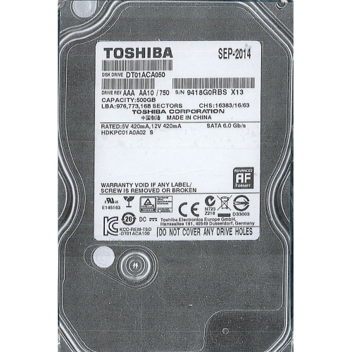 Hard-Disk 3.5" HDD SATA 500GB Toshiba DT01ACA050 (sn 9418G0RBS)