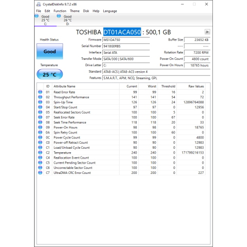 Hard-Disk 3.5" HDD SATA 500GB Toshiba DT01ACA050 (sn 9418G0RBS)