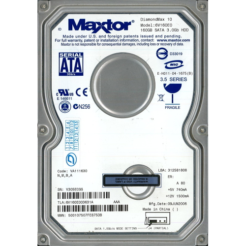 Hard-Disk 3.5" HDD SATA 160GB Maxtor 6V160E0 (sn V305ECGG)