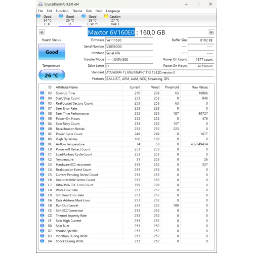 Hard-Disk 3.5" HDD SATA 160GB Maxtor 6V160E0 (sn V305ECGG)