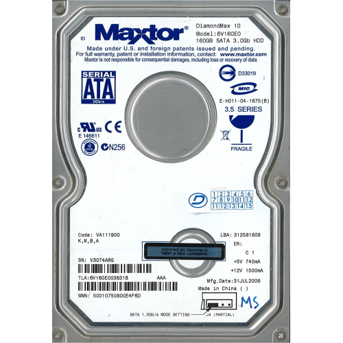 Hard-Disk 3.5" HDD SATA 160GB Maxtor DiamondMax 10 6V160E0 (sn V3074ARG) 