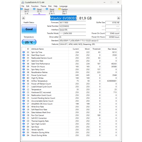 Hard-Disk 3.5" HDD SATA 80GB Maxtor DiamondMax 10 6V080E0 (sn V225XW3G)