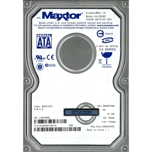 Hard-Disk 3.5" HDD SATA 200GB Maxtor DiamondMax 10 6L200S0 (sn L5972RGG) 
