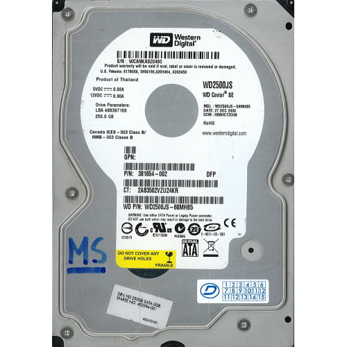 Hard-Disk 3.5" HDD SATA 250GB WDC Caviar SE WD2500JS-60MHB5 (sn WCANKA920460) 