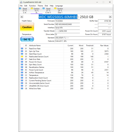 Hard-Disk 3.5" HDD SATA 250GB WDC Caviar SE WD2500JS-60MHB5 (sn WCANKA920460) 