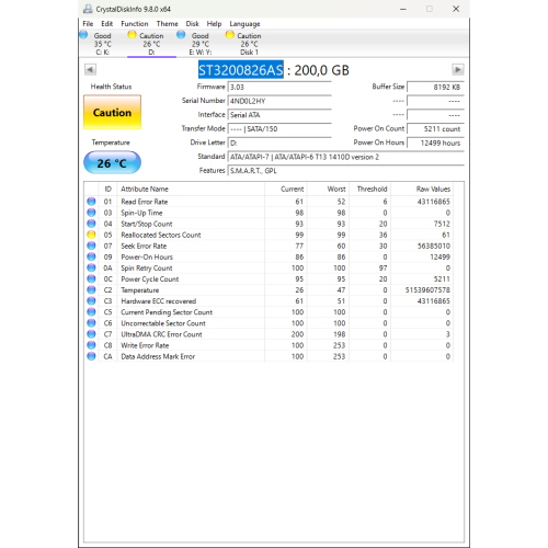 Hard-Disk 3.5" HDD SATA 200GB Seagate Barracuda ST3200826AS (sn 4ND0L2HY) 