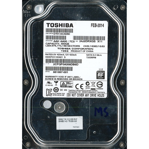 Hard-Disk 3.5" HDD SATA 500GB Toshiba DT01ACA050 (sn 24J2DRXGS) [MS] 