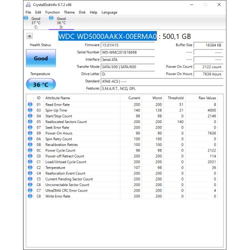 Hard-Disk 3.5' HDD SATA 500GB WDC WD5000AAKX-00ERMA0 (sn WMC2E1818698) [MS] 