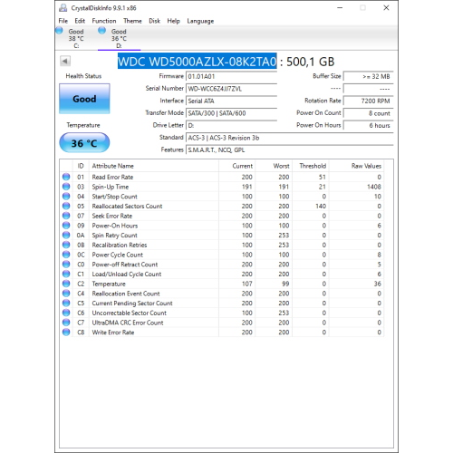 Hard-Disk 3.5" HDD SATA 500GB WDC WD5000AZLX-08K2TA0 (sn WCC6Z4JJ7ZVL) [MS] 