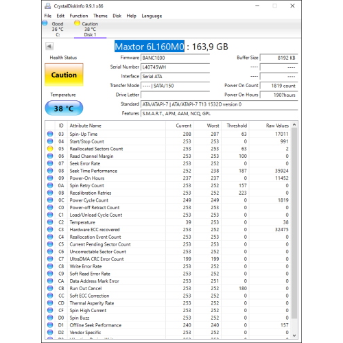 Hard-Disk 3.5" HDD SATA 160GB Maxtor DiamondMax 10 6L160M0 (sn L40745WH) [MS] 