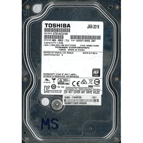 Hard-Disk 3.5" HDD SATA 1000GB (1.0TB) Toshiba DT01ACA100 (sn 16V5715NS) [MS] 