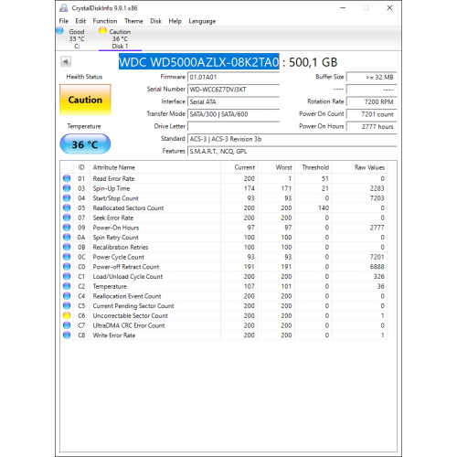 Hard-Disk 3.5" HDD SATA 500GB WDC WD5000AZLX-08K2TA0 (sn WCC6Z7DVJ3KT) [MS] 