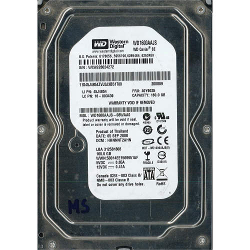 Hard-Disk 3.5" HDD SATA 160GB WDC WD1600AAJS-08WAA0 (sn WCAS28024272) [MS] 