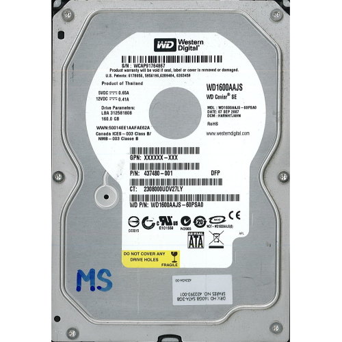 Hard-Disk 3.5" HDD SATA 160GB WDC WD1600AAJS-60PSA0 (sn WCAP91764867) [MS] 