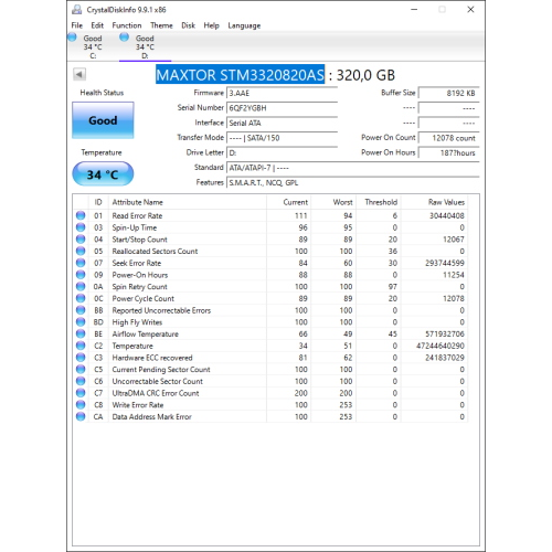 Hard-Disk 3.5" HDD SATA 320GB Maxtor STM3320820AS (sn 6QF2YGBH) [MS] 