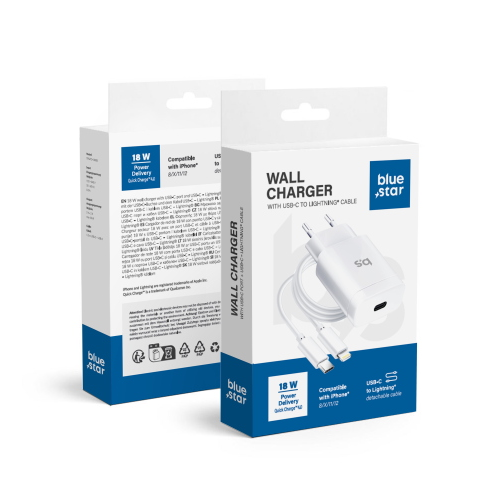 Caricabatteria da rete per iPhone X/11/12/13/14 18W con la carica PD e il cavo da staccare Blue Star