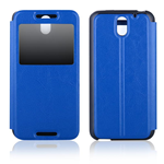 Custodia in TPU Nero e Ecopelle Blu con View per HTC Desire 610